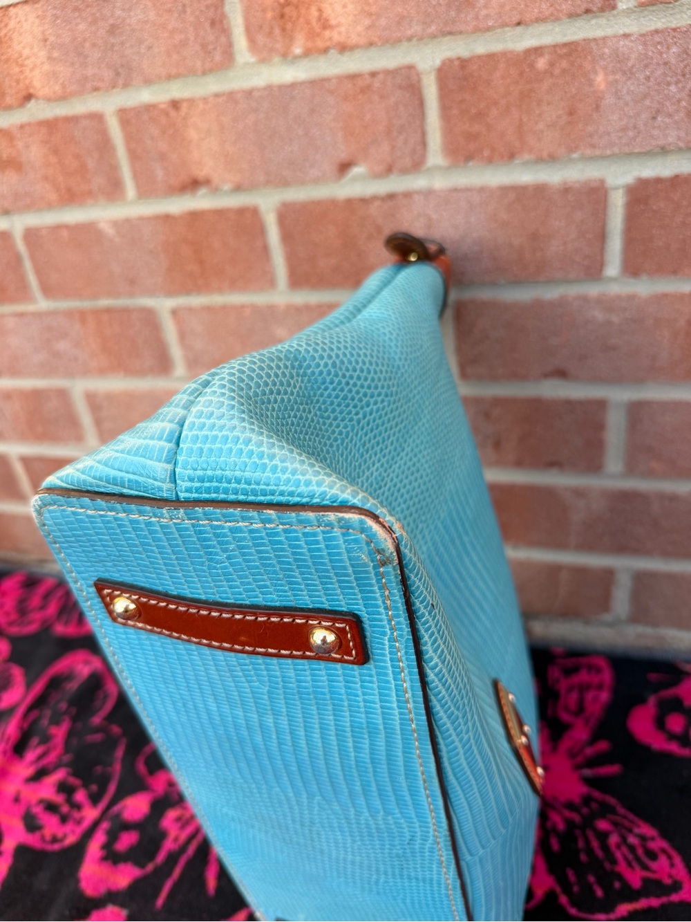 Dooney & Bourke Turquoise Textured Hobo Bag with Brown Trim - Picture 5 of 6